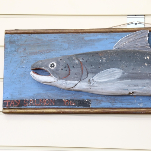 115 - A carved and painted wood Tay salmon wall sculpture, 25cm x 78cm