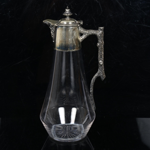 116 - A Victorian glass and silver plate Claret jug, with bark handle, height 29cm