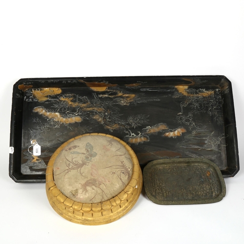 119 - A large Japanese black lacquer tray, a Japanese antimony crane dish, and a gold painted button foots... 