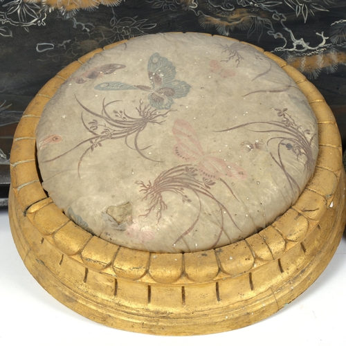 119 - A large Japanese black lacquer tray, a Japanese antimony crane dish, and a gold painted button foots... 