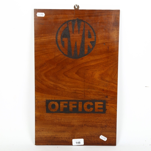 148 - A Vintage mahogany GWR Office sign, 45cm x 28cm