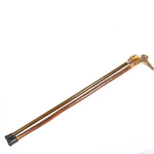 152 - 2 Vintage walking sticks, including staghorn-handled example with compass, length 90cm (2)