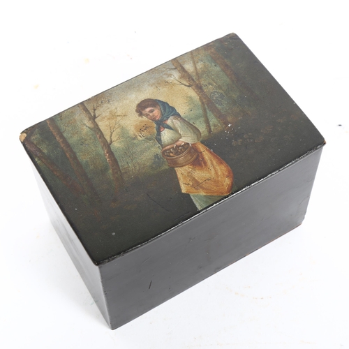 167 - A Russian black lacquer papier mache box, with painted lid, width 15cm