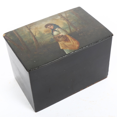 167 - A Russian black lacquer papier mache box, with painted lid, width 15cm