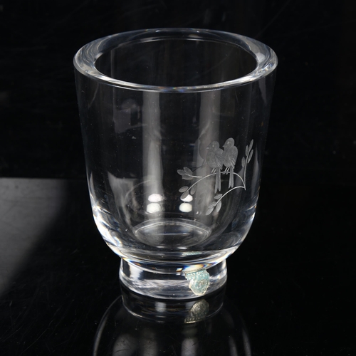 190 - NILS LANDBERG for ORREFORS - a Swedish etched glass lovebirds vase, signed on base, height 10.5cm