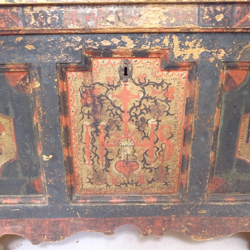 2033 - An early 19th century painted pine North European dowry chest, interior with candle box and hidden c... 