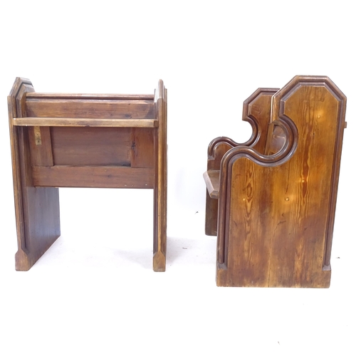 2065 - A pair of stained oak Gothic church seats from reclaimed timber, L71cm, H90cm, D54cm