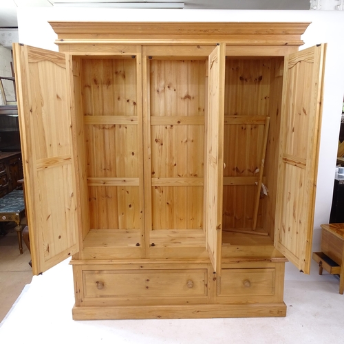 2072 - A modern pine 3-door wardrobe with drawer-fitted base, W150cm, H201cm, D55cm (this comes in 5 pieces... 