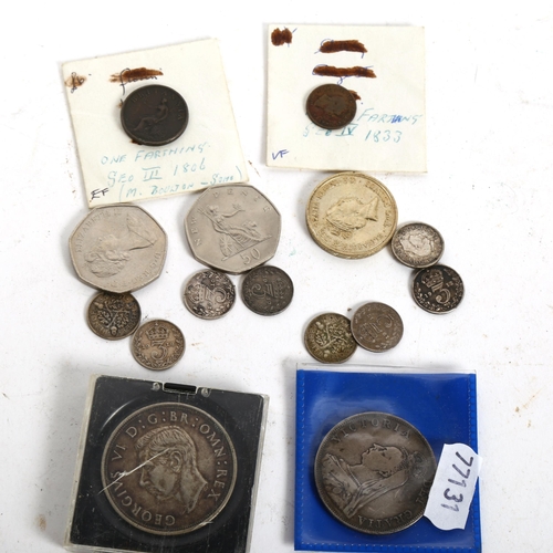 208 - Various British coins, including 1937 George VI crown, George III 1806 farthing, Victoria 1889 crown... 