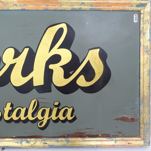 2111 - A Vintage painted shop sign, for Nostalgia Works, Buyers and Suppliers of Nostalgia, L203cm, H45cm