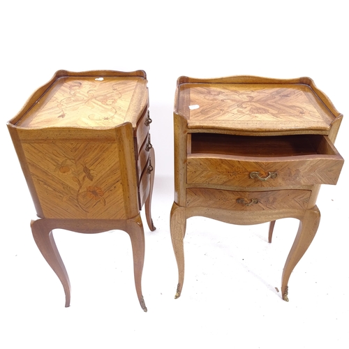 2141 - A pair of French walnut bedside 3-drawer chests, with inlaid floral decoration, brass mounts, on cab... 