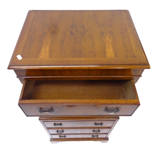 2142 - A reproduction crossbanded yew wood 6-drawer chest on chest, with bracket feet, W51cm, H112cm, D38cm