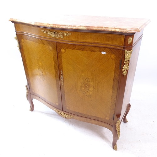 2169 - A reproduction Continental style marble-top mahogany and walnut satinwood-strung cabinet, with inlai... 