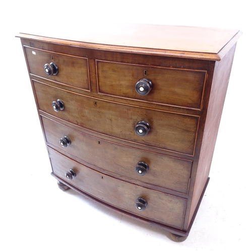 2175 - A Victorian walnut bow-front chest of 2 short and 3 long drawers, on bun feet, W97cm, H102cm, D53cm