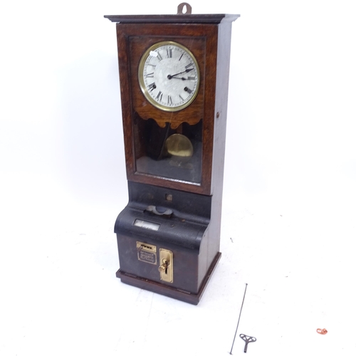 2177 - An early 20th century mahogany-cased clocking in/out machine, with key and pendulum, W37cm, H95cm, D... 