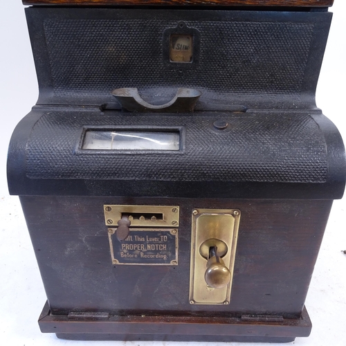 2177 - An early 20th century mahogany-cased clocking in/out machine, with key and pendulum, W37cm, H95cm, D... 