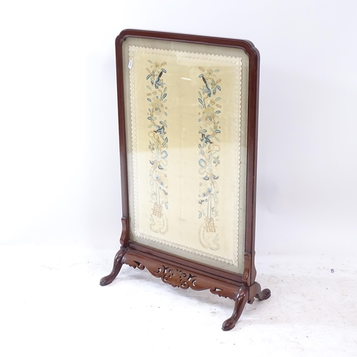 2257 - An Antique mahogany-framed fire screen, with silk embroidered decoration, W49cm, H80cm