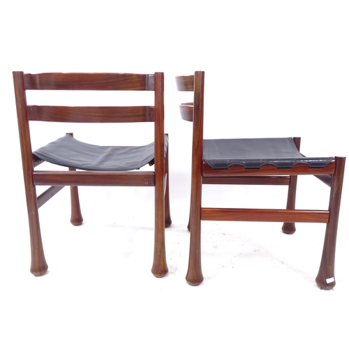 2259 - A set of 4 mid-century Brazilian designer Santos side chairs, with flared trumpet legs, and leather ... 