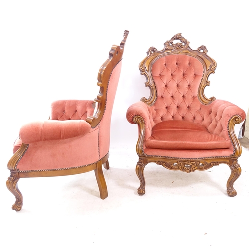 2260 - A pair of reproduction Continental armchairs, with walnut show wood  and carved decoration