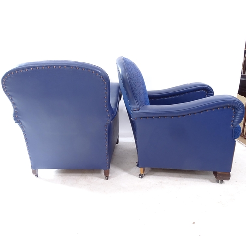 2262 - A pair of early 20th century studded blue faux-leather and fabric upholstered armchairs, with carved... 