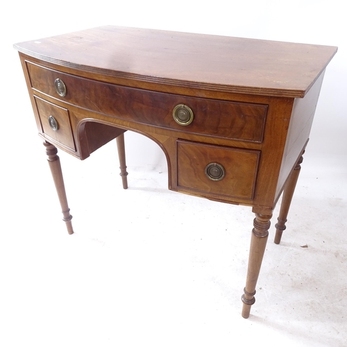 2269 - A 19th century mahogany bow-front kneehole desk, with 3 drawers, on turned legs, W92cm, H82cm, D56cm