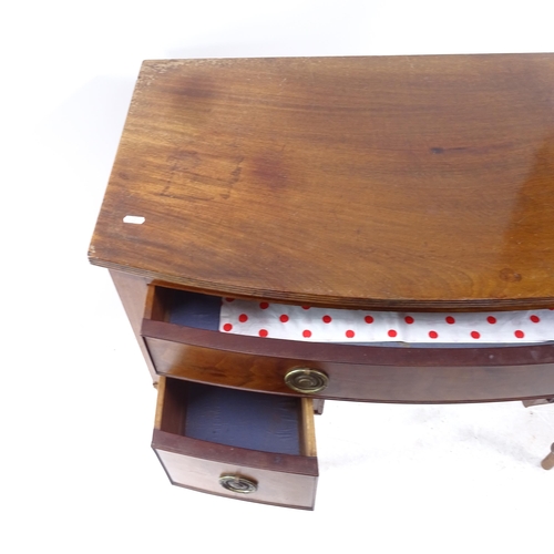 2269 - A 19th century mahogany bow-front kneehole desk, with 3 drawers, on turned legs, W92cm, H82cm, D56cm