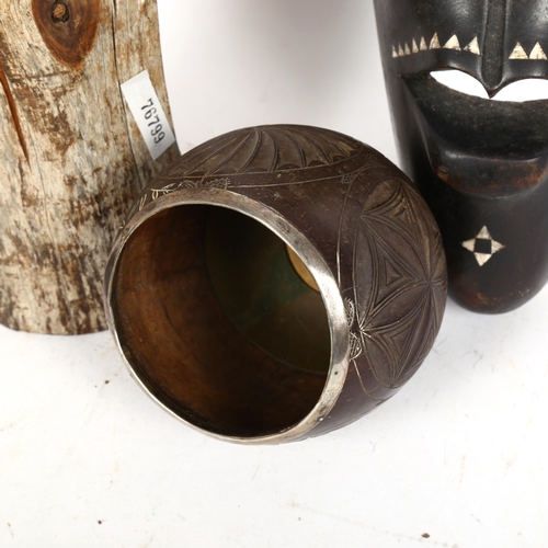 227 - A silver-mounted coconut shell cup, African mother-of-pearl inlaid Tribal mask etc (4)