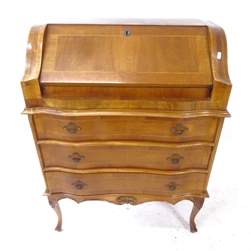 2272 - A Victorian walnut and satinwood-strung lady's bureau, fall-front revealing a fitted interior, and 3... 