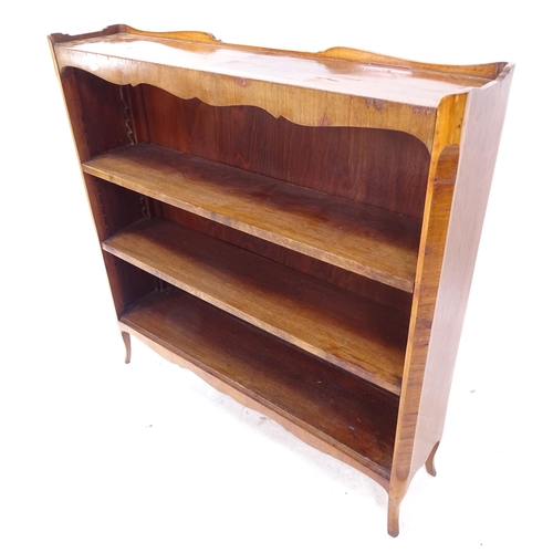 2280 - An Antique walnut and kingwood 3-tier open bookcase, W90cm, H90cm, D19cm, shelf depth 19cm