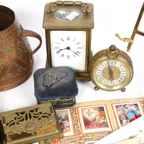 231 - Various collectables, including brass-cased carriage clock, glass inkwell, Art Nouveau brass double-... 