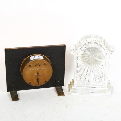 254 - An Art Deco peach glass mantel clock, and a Waterford Crystal quartz mantel clock, height 18cm (2)