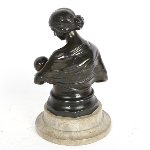 269 - A small patinated spelter sculpture, mother and child, unsigned, on stepped marble base, height 19cm