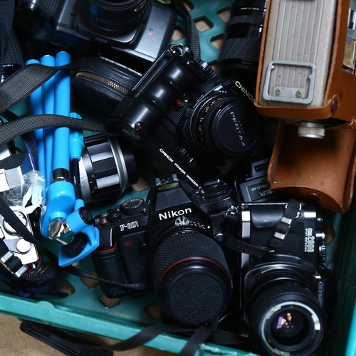 356 - Vintage cameras and accessories, including Olympus OM2000, Nikon F-301, Chinon CE-5 etc