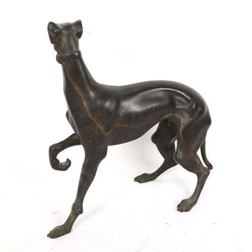 361 - A large patinated spelter Greyhound dog sculpture, unsigned, height 32cm