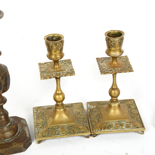 362 - Salter's letter balance no. 11 scales, and 2 pairs of brass candlesticks