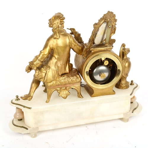 364 - A 19th century French gilt-brass and alabaster figural 8-day mantel clock, by Samuel Marti, white en... 