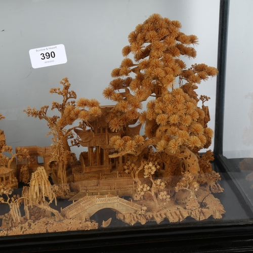 390 - A large Japanese cork panoramic diorama, in glazed black lacquer case, W65cm, H40cm, D28cm