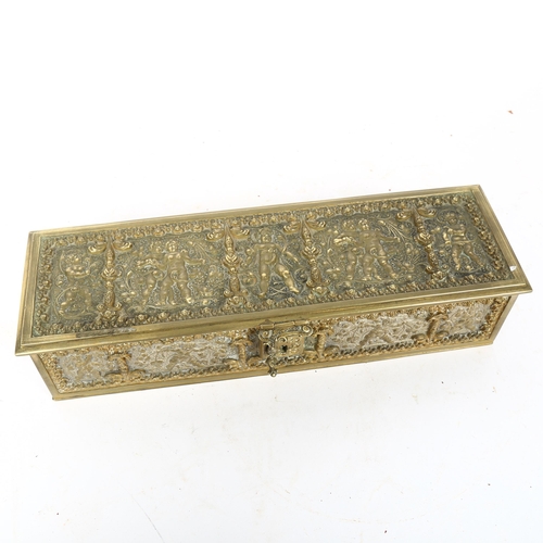 81 - ERHARD & SOHNE - a German Renaissance Revival gilt-brass jewel box, with relief embossed putti and f... 