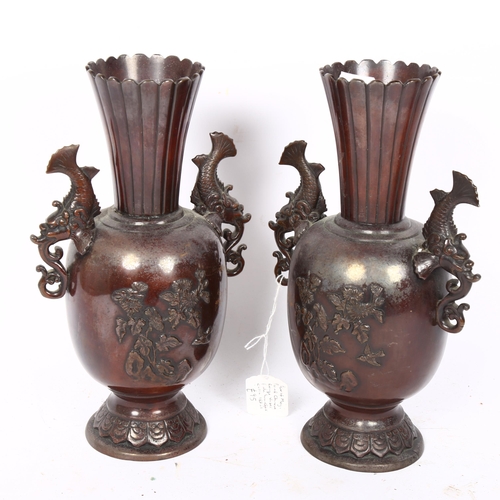 84 - A pair of Japanese Meiji Period bronze vases, unsigned, height 27cm