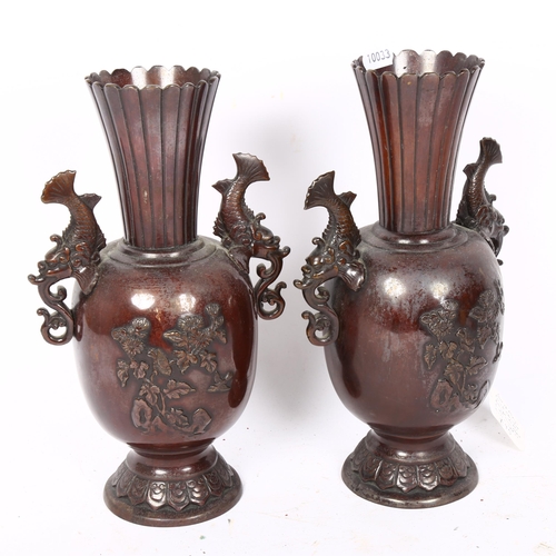 84 - A pair of Japanese Meiji Period bronze vases, unsigned, height 27cm