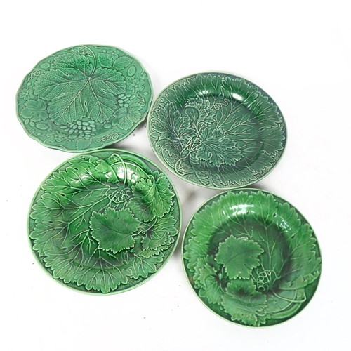 88 - 4 green glaze Majolica leaf plates, largest diameter 23cm