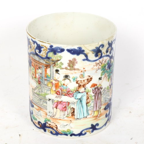 92 - A 18th century Chinese export porcelain mug, hand painted enamelled and gilded decoration with blue ... 