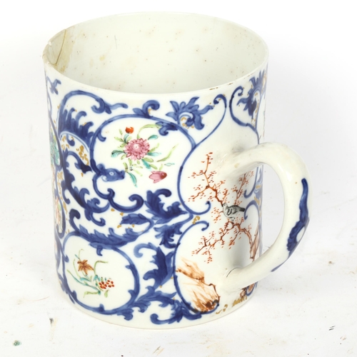 92 - A 18th century Chinese export porcelain mug, hand painted enamelled and gilded decoration with blue ... 