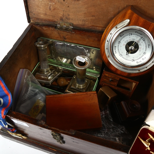 459 - An Antique box of interesting items, including candlesticks, cufflinks, Canberra souvenir razor, puz... 