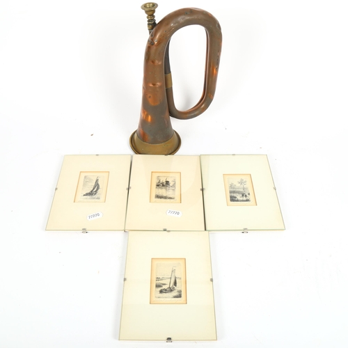 465 - A copper and brass bugle, and a set of 4 etchings by Maarten Langbroek