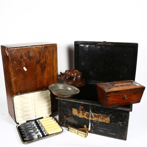 469 - A tin Deed box, a wall ornament, a tea caddy, a Victorian box, 47cm across etc