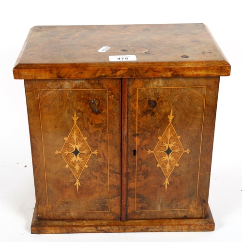 475 - An Antique walnut table-top cabinet of 3 drawers, with inset brass handles and inlaid decoration to ... 