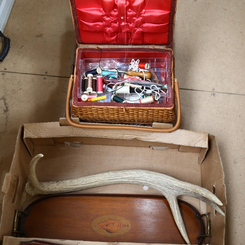 505 - A sewing basket, a staghorn, case etc