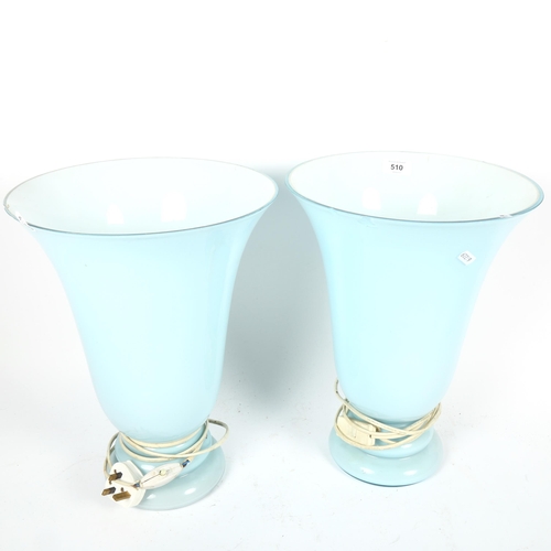 510 - A pair of blue glass table lamps, height 38cm