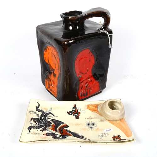 513 - An unusual Vallauris square painted jug, height 26cm, and a Launeville bird decorated stand